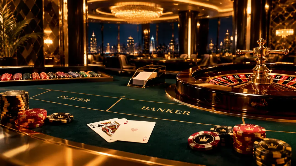 Interior kasino MPO777 dengan meja baccarat dan roulette
